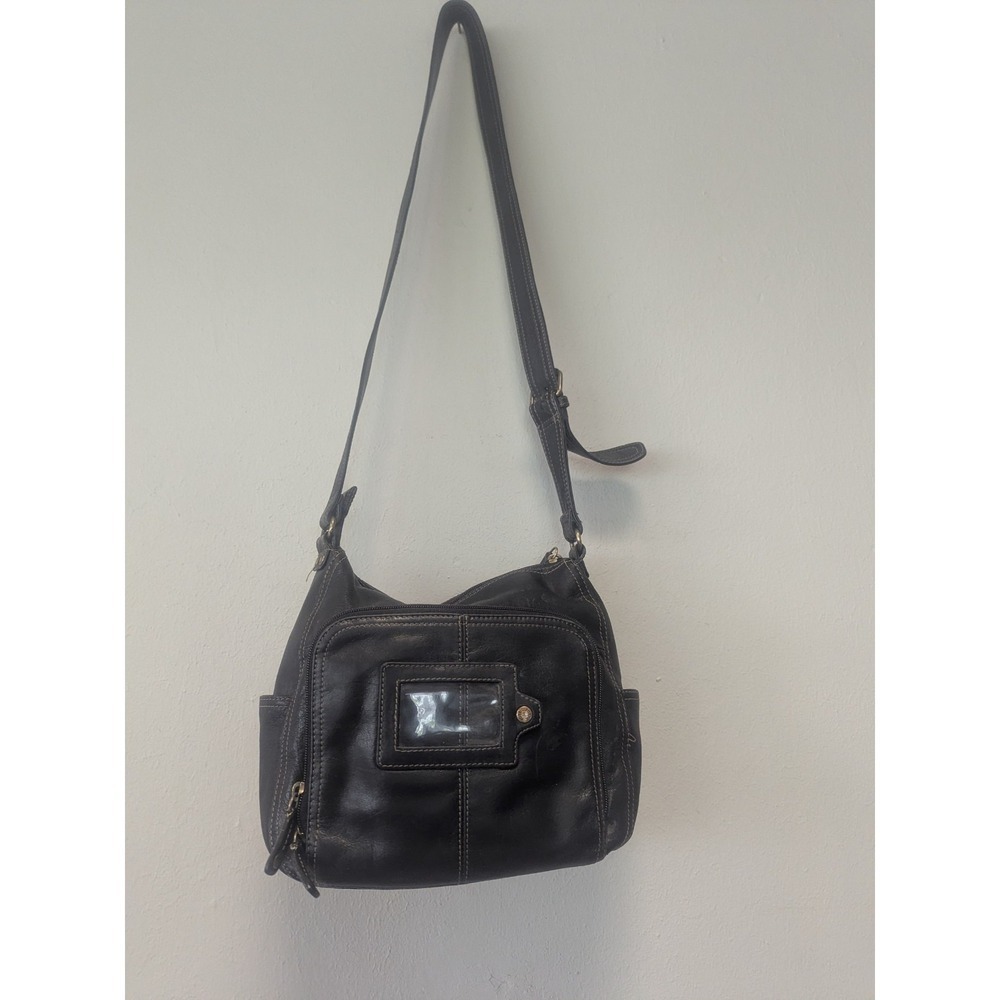 Fossil Black Leather Organizer Crossbody Shoulder Bag Multiple Pockets Vintage